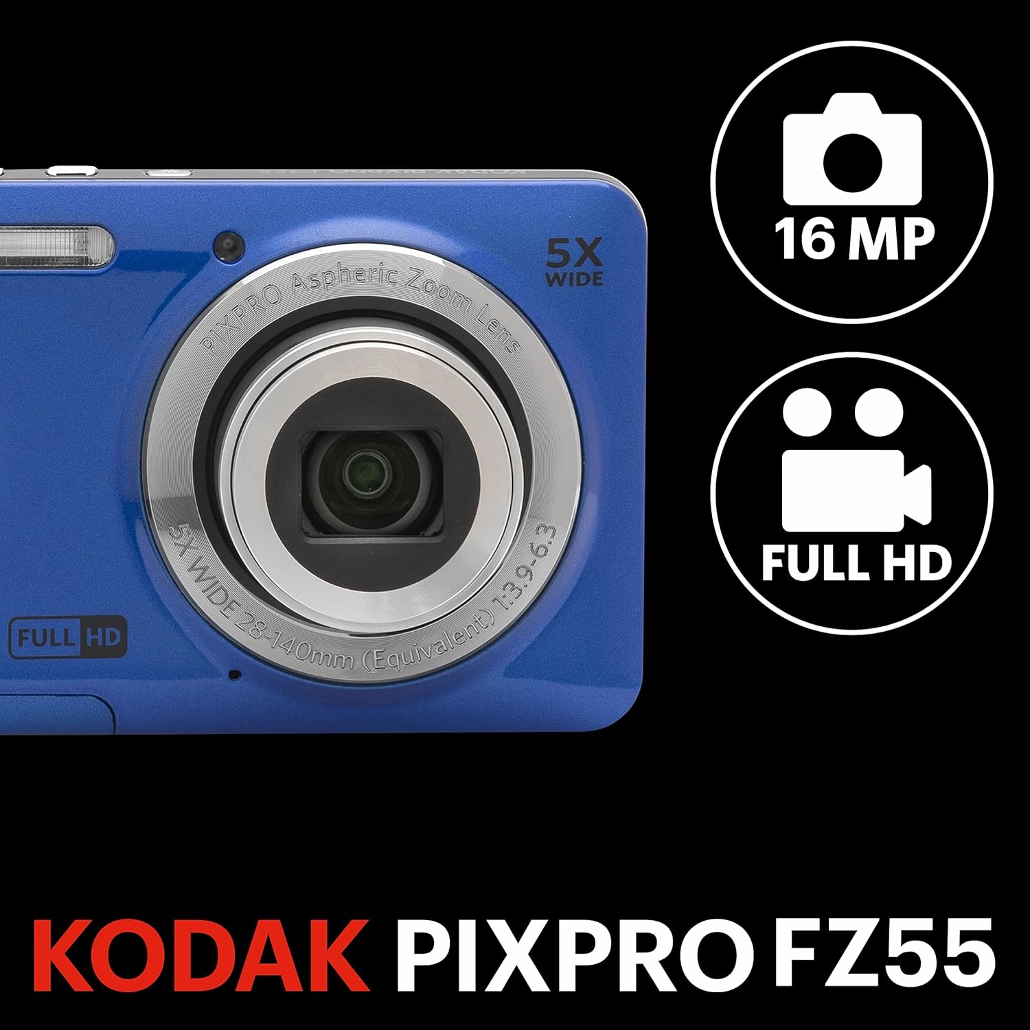 KODAK PIXPRO FZ55-BL 16MP Digital Camera 5X Optical Zoom 28mm Wide Angle 1080P Full HD Video Li-Ion Battery 2.7" LCD Vlogging Camera (Blue)
