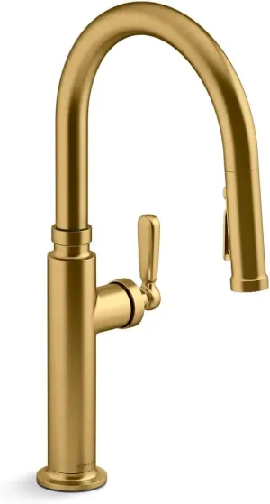 Kohler K28358-2MB Edalyn by Studio McGee 1.5 GPM Single Hole Pull Down Kitchen Faucet with Boost Spray, DockNetik, ProMotion, and MasterClean Technologies Vibrant Brushed Moderne Brass
