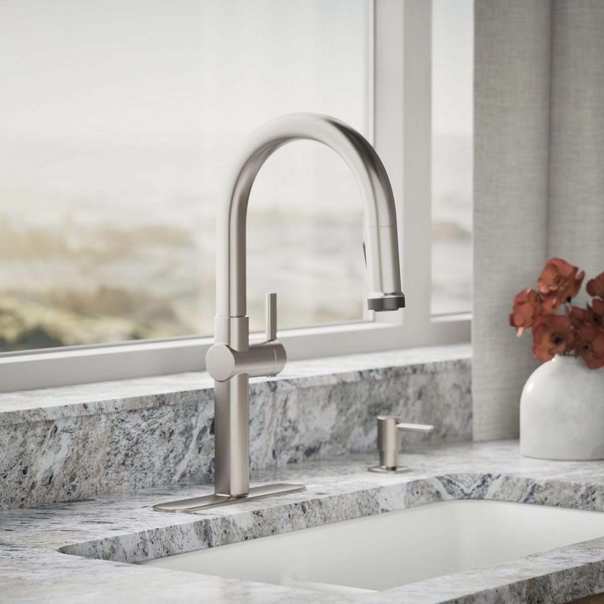 Kohler R22153-SD-VS Rune Single Handle Kitchen Faucet with Pull Down Sprayer and Soap Dispenser, Vibrant Stainless