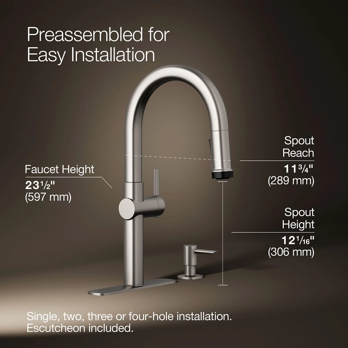 Kohler R22153-SD-VS Rune Single Handle Kitchen Faucet with Pull Down Sprayer and Soap Dispenser, Vibrant Stainless