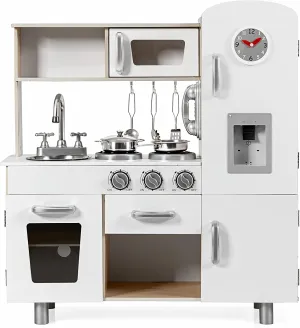 KOTEK Play Kitchen Set for Kids, Wooden Toddler Kitchen Playset with Water Dispenser w/Lights Sounds, Stove, Oven, Fridge, Microwave & Sink, Chef Pretend Play Toy Gift for Girls Boys Age 3  (White)
