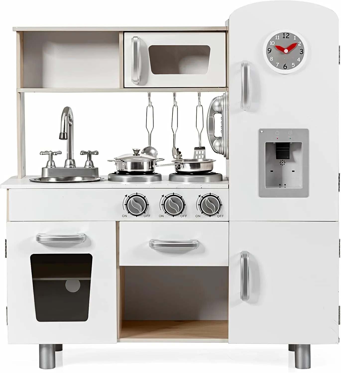 KOTEK Play Kitchen Set for Kids, Wooden Toddler Kitchen Playset with Water Dispenser w/Lights Sounds, Stove, Oven, Fridge, Microwave & Sink, Chef Pretend Play Toy Gift for Girls Boys Age 3  (White)