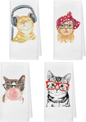 kunlisa Cat Kitchen Towel,Cute Kitchen Towels,Cat Gifts for Women,Bathroom Towels Decorative Set,Funny Cats Gifts(Set of 4)