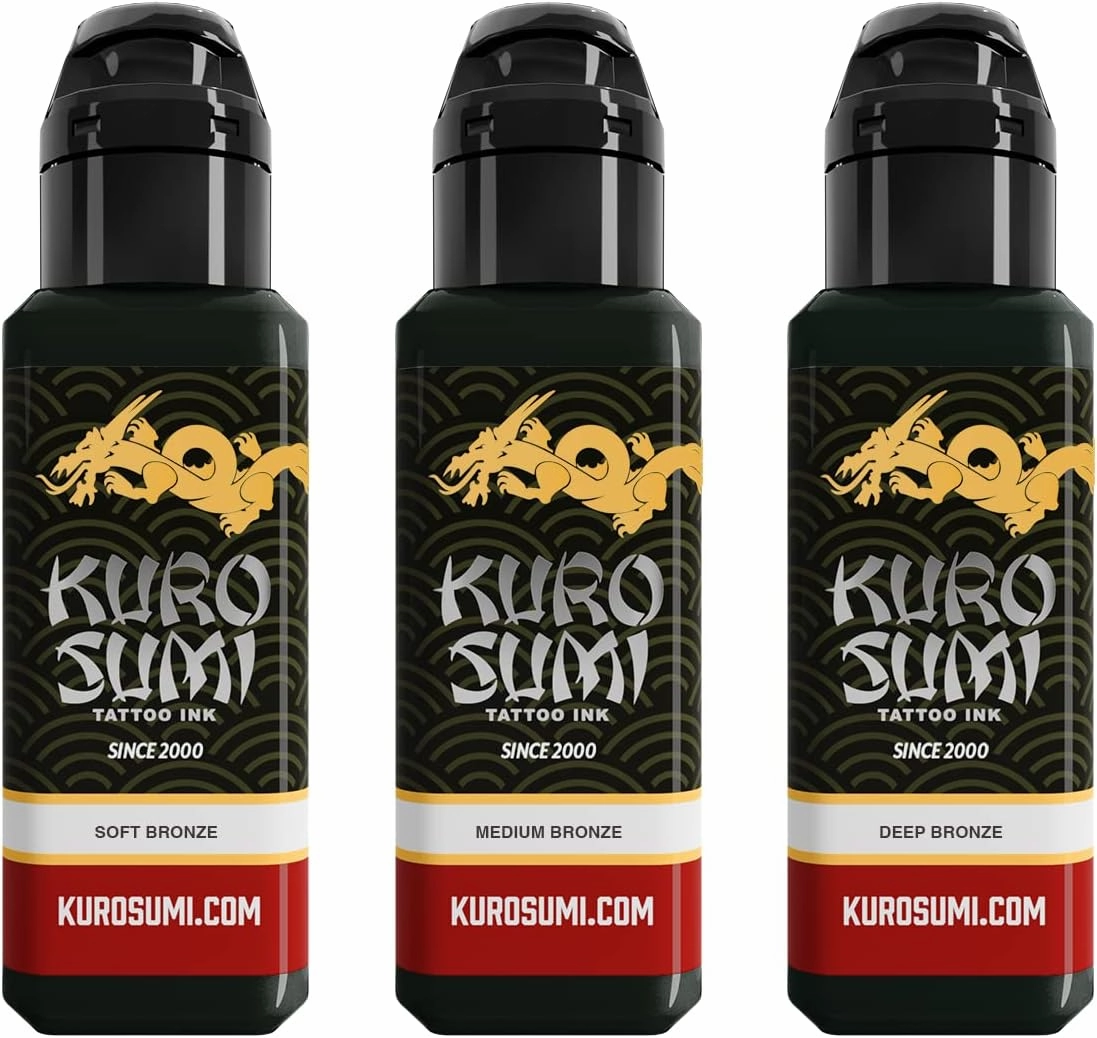 Kuro Sumi Japanese Tattoo Color Ink Pigments Set, Vegan Professional Tattooing Inks, Bronze Lining & Shading Set, 1.5 oz