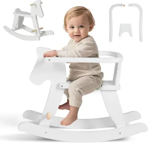 labebe - Wooden Rocking Horse, Baby Wooden Ride On Toys for 12M , White Rocker Toy with Removable Fence, Toddler Riding Toy Indoor/Outdoor, Nursery Birthday Gift