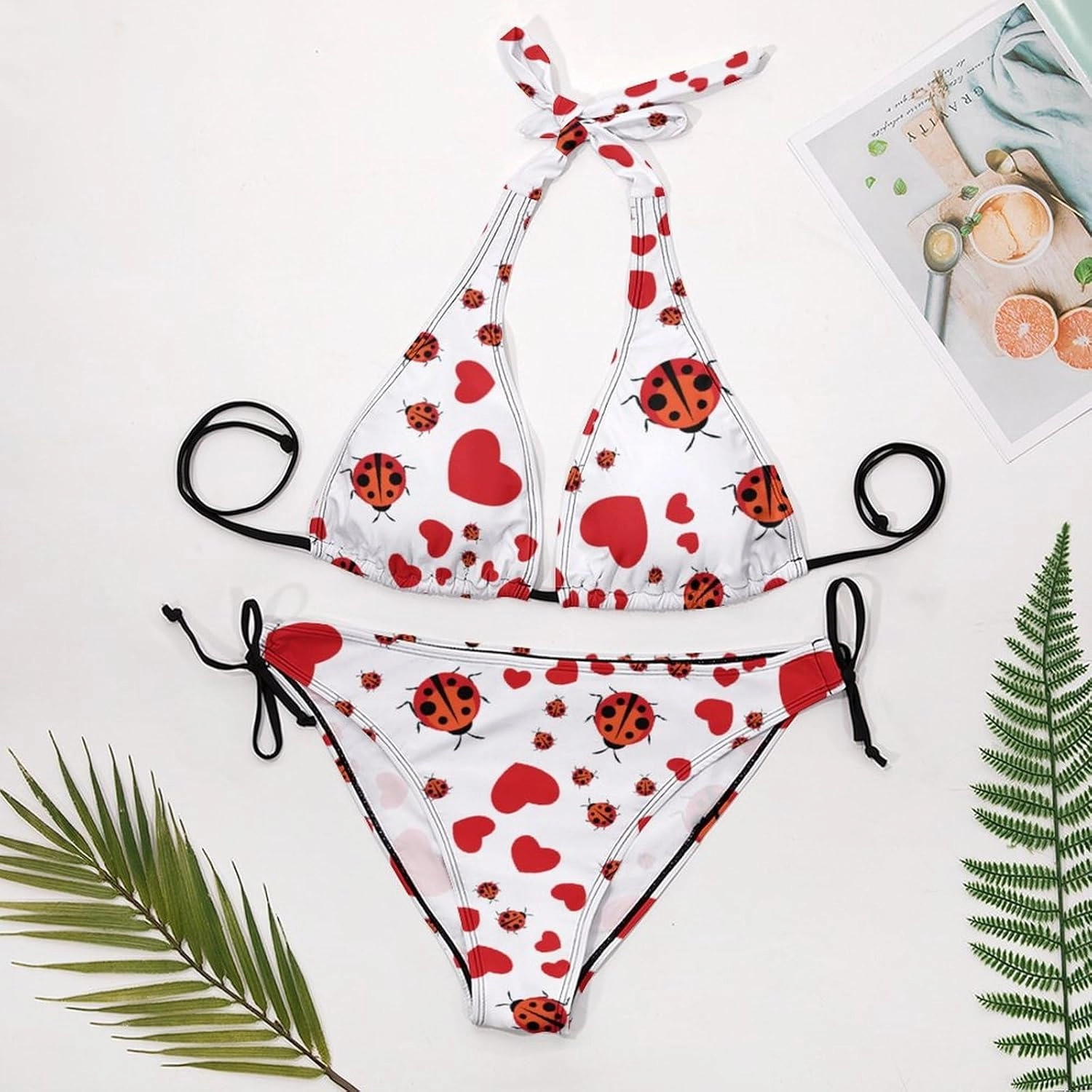 Ladybug Bikini Sets Women Tow Pic Sexy Halter Padded Bikini Set Side Tie Triangle Beach Bathing Suit Tankini Splits