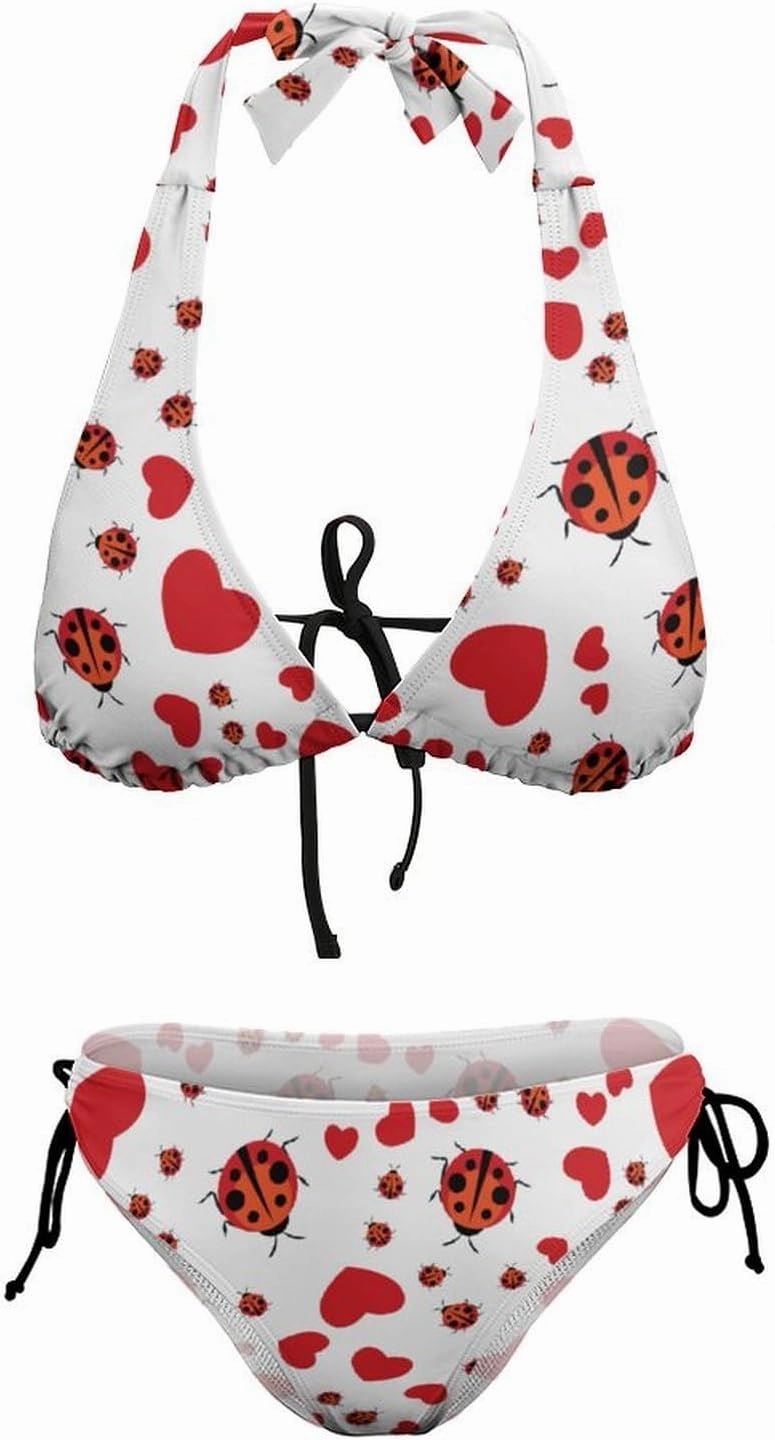 Ladybug Bikini Sets Women Tow Pic Sexy Halter Padded Bikini Set Side Tie Triangle Beach Bathing Suit Tankini Splits