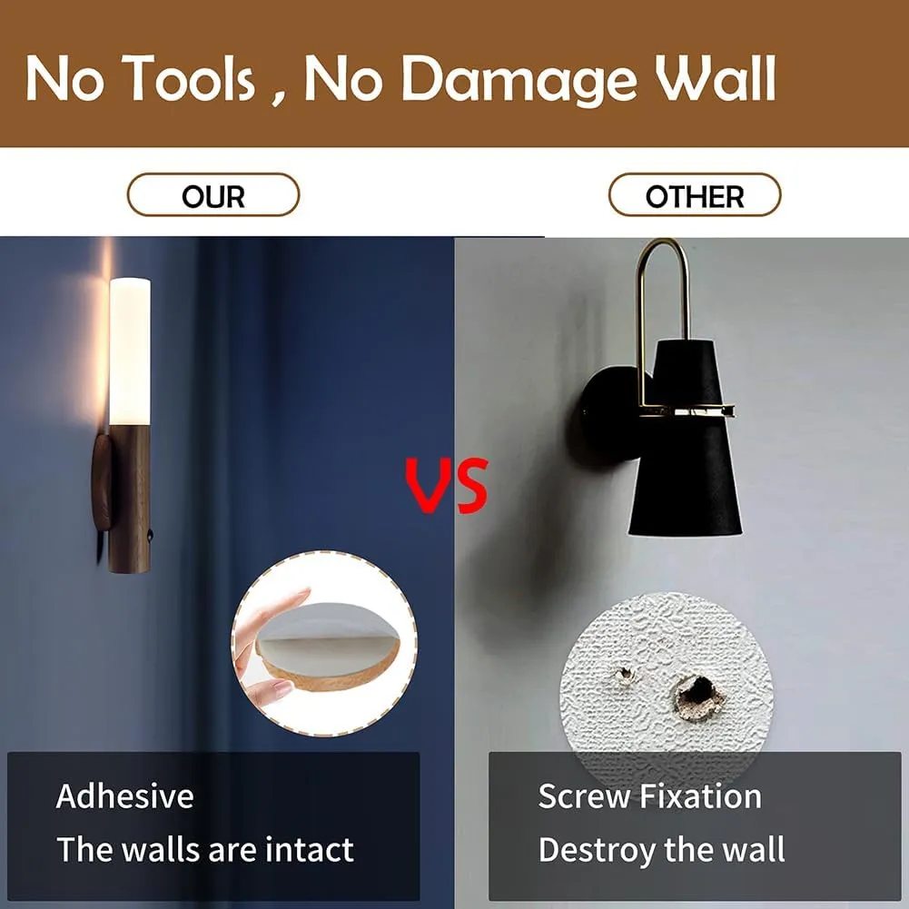 LANDGOO Wooden Motion Sensor Night Lights, Magnet Body Hallway Lamp, Rechargeable LED Wall Sconces, Portable for Stairway Bedroom, Battery Powered (White Ash Wood 2PC)