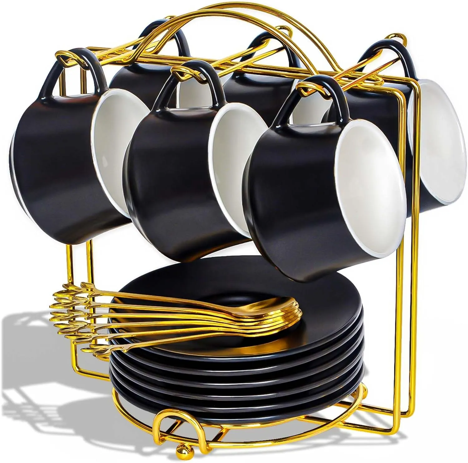 Lareina Espresso Cups with Saucers, Spoons and Metal Stand, Small 3 oz Coffee Cups Set of 6, Cute Demitasse Mugs with Handle, Black