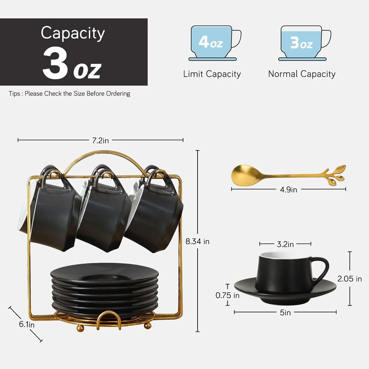 Lareina Espresso Cups with Saucers, Spoons and Metal Stand, Small 3 oz Coffee Cups Set of 6, Cute Demitasse Mugs with Handle, Black
