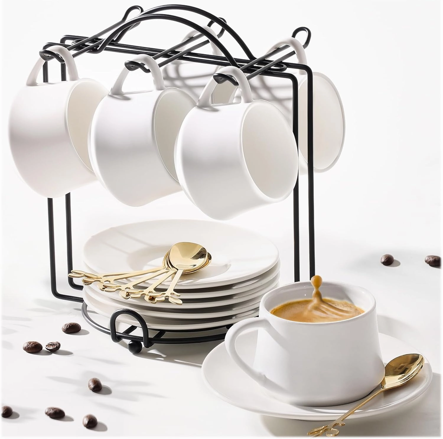 Lareina Espresso Cups with Saucers, Spoons and Metal Stand, Small 3 oz Coffee Cups Set of 6, Cute Demitasse Mugs with Handle, White