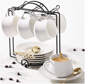 Lareina Espresso Cups with Saucers, Spoons and Metal Stand, Small 3 oz Coffee Cups Set of 6, Cute Demitasse Mugs with Handle, White