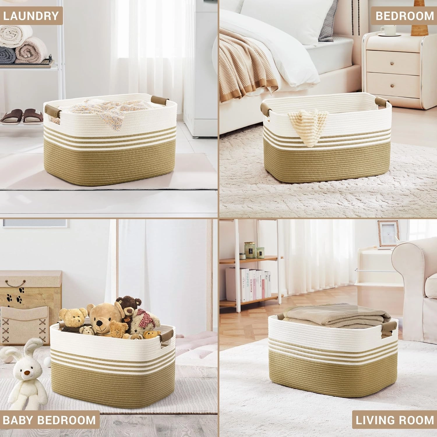 Laundry basket with leather handles for clothes,blankets,pillows,toys, towels,suitable for bedrooms and living rooms,cotton woven laundry hamper,extra large gift basket,21"x15"x11",Khaki