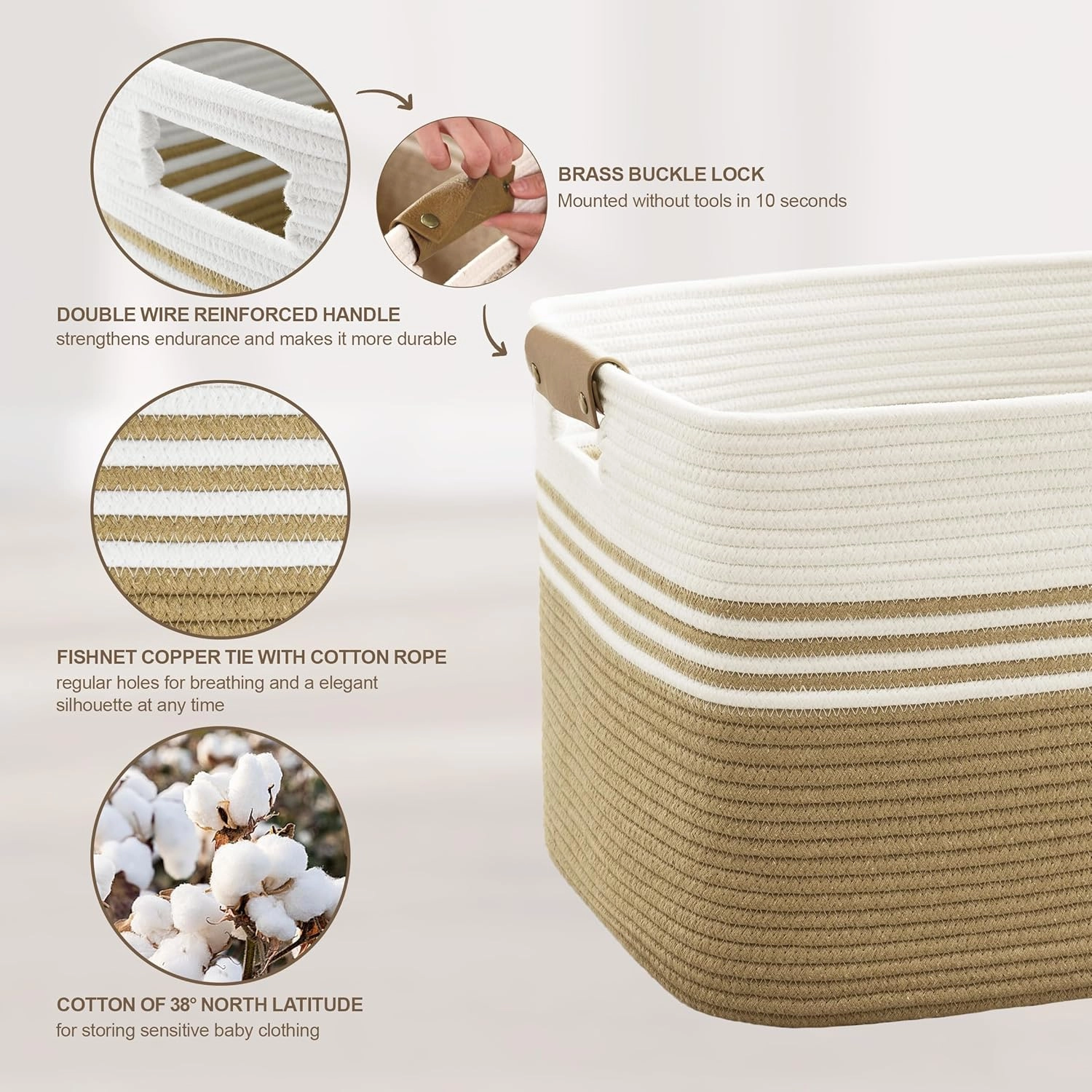 Laundry basket with leather handles for clothes,blankets,pillows,toys, towels,suitable for bedrooms and living rooms,cotton woven laundry hamper,extra large gift basket,21"x15"x11",Khaki
