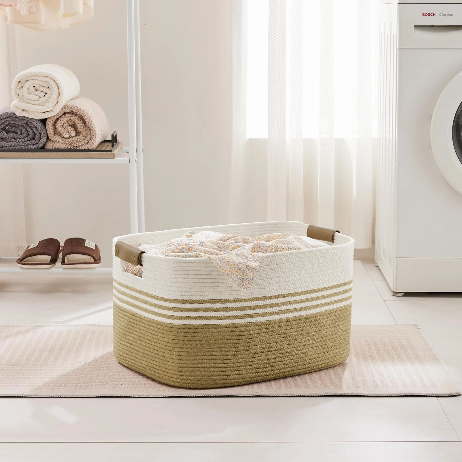Laundry basket with leather handles for clothes,blankets,pillows,toys, towels,suitable for bedrooms and living rooms,cotton woven laundry hamper,extra large gift basket,21"x15"x11",Khaki