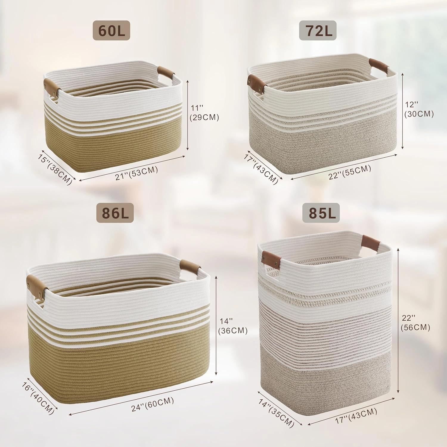 Laundry basket with leather handles for clothes,blankets,pillows,toys, towels,suitable for bedrooms and living rooms,cotton woven laundry hamper,extra large gift basket,21"x15"x11",Khaki