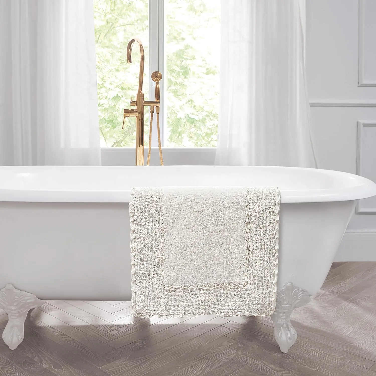 Laura Ashley Ruffle Cotton 17" x 24" Bath Rug, Ivory