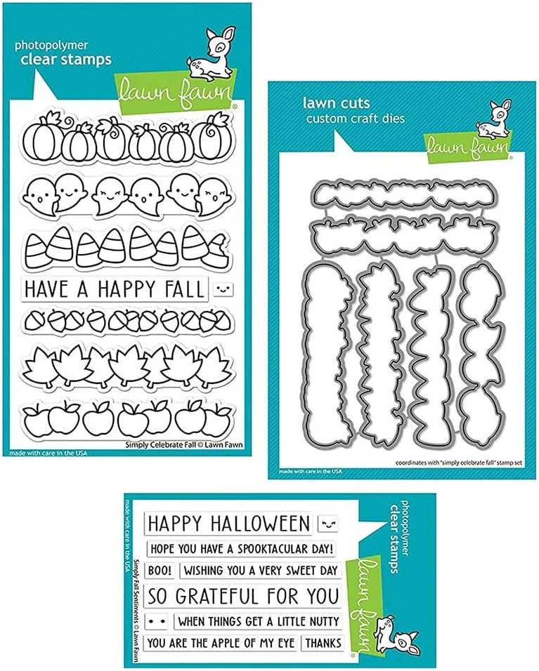 Lawn Fawn Simply Celebrate Fall 4"x6" Clear Stamp Set, Coordinating Dies, Simply Fall Sentiments, Bundle of 3 Items (LF2932, LF2933, LF2934)