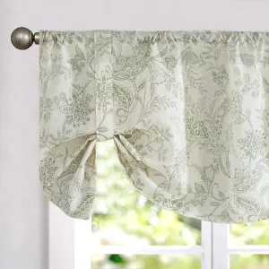 Lazzzy Green Floral Tie Up Valance Curtain Linen Farmhouse Valance for Kitchen Living Room Bedroom Country Valances Window Treatments Small Cafe Curtian 20 Inch Rod Pocket 1 Panel, Green on Beige