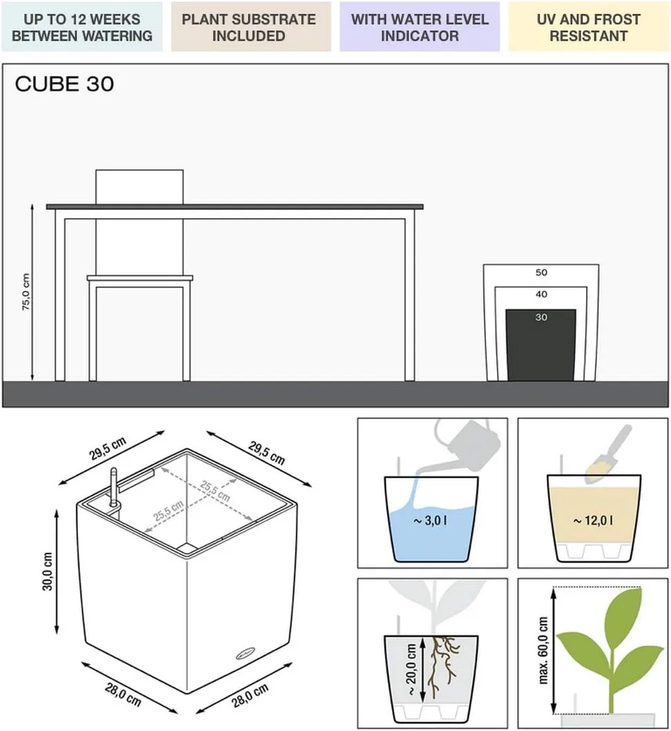 Lechuza Cube 30 Medium Flower Indoor/Outdoor Garden Floor Self-Watering Planter with Drainage Hole with Plant Substrate Contemporary Poly-Resin H30 L30 W30 cm Shiny Taupe 3.5 Kg