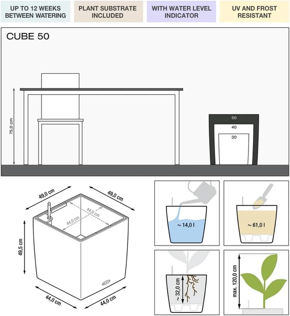 Lechuza Cube 50 Large Flower Indoor/Outdoor Garden Floor Self-Watering Planter with Drainage Hole with Plant Substrate Contemporary Poly-Resin H50 L50 W50 cm Shiny Taupe 13 Kg