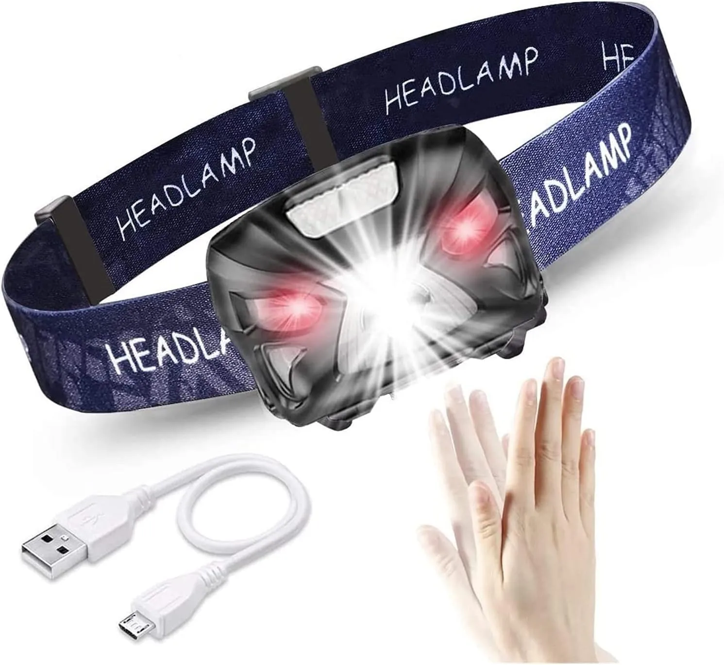 LED Head Torch Headlamp, USB Rechargeable Headlights with Motion Detector, 300LM IPX4 Waterproof LED Work Lights with 8 Lighting Modes, Continuous 30 Hours, for Fishing, Camping, Reading, Hiking
