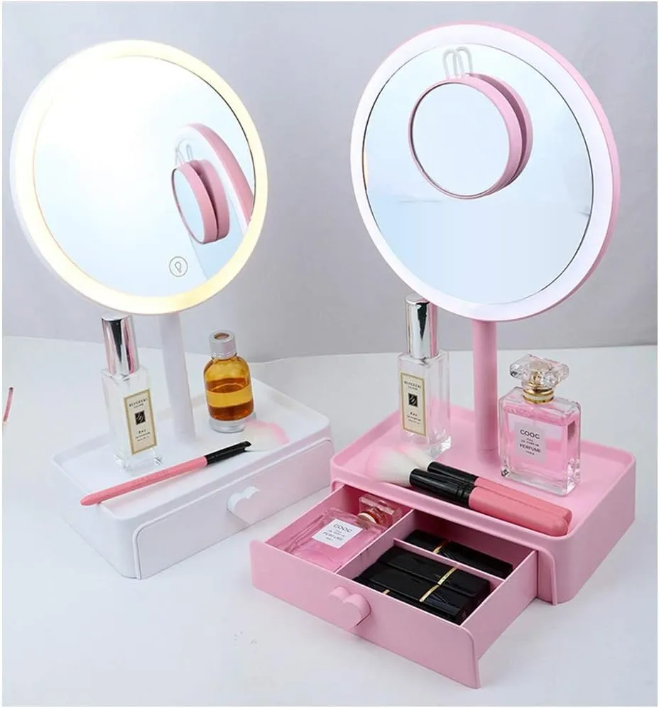 LED Makeup Mirror Tabletop Makeup Vanity Mirror with Detachable 5X Magnification Touch Screen 3 Brightness USB Recharge Led Lighted Mirror with Storage Drawer for Daily Use Cosmetic Mirror