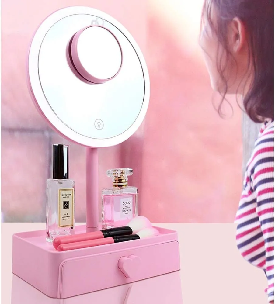 LED Makeup Mirror Tabletop Makeup Vanity Mirror with Detachable 5X Magnification Touch Screen 3 Brightness USB Recharge Led Lighted Mirror with Storage Drawer for Daily Use Cosmetic Mirror