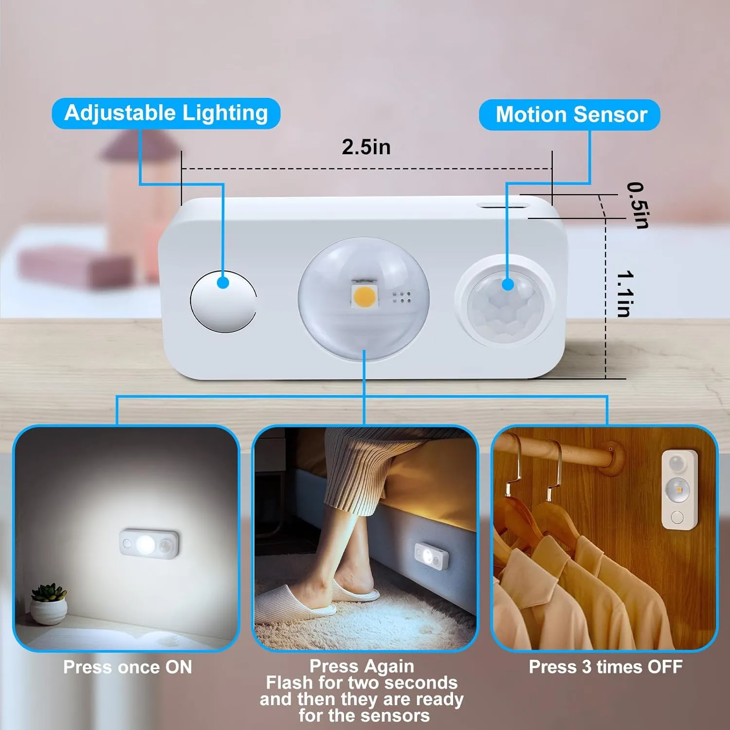 LED Motion Sensor Puck Lights, Rechargeable Cabinet Lights, Stick on Wireless LED Night Light for Closet, Drawer, Shelf, Under Cabinet, Daylight White 6Pack, USB Charging Cord Included