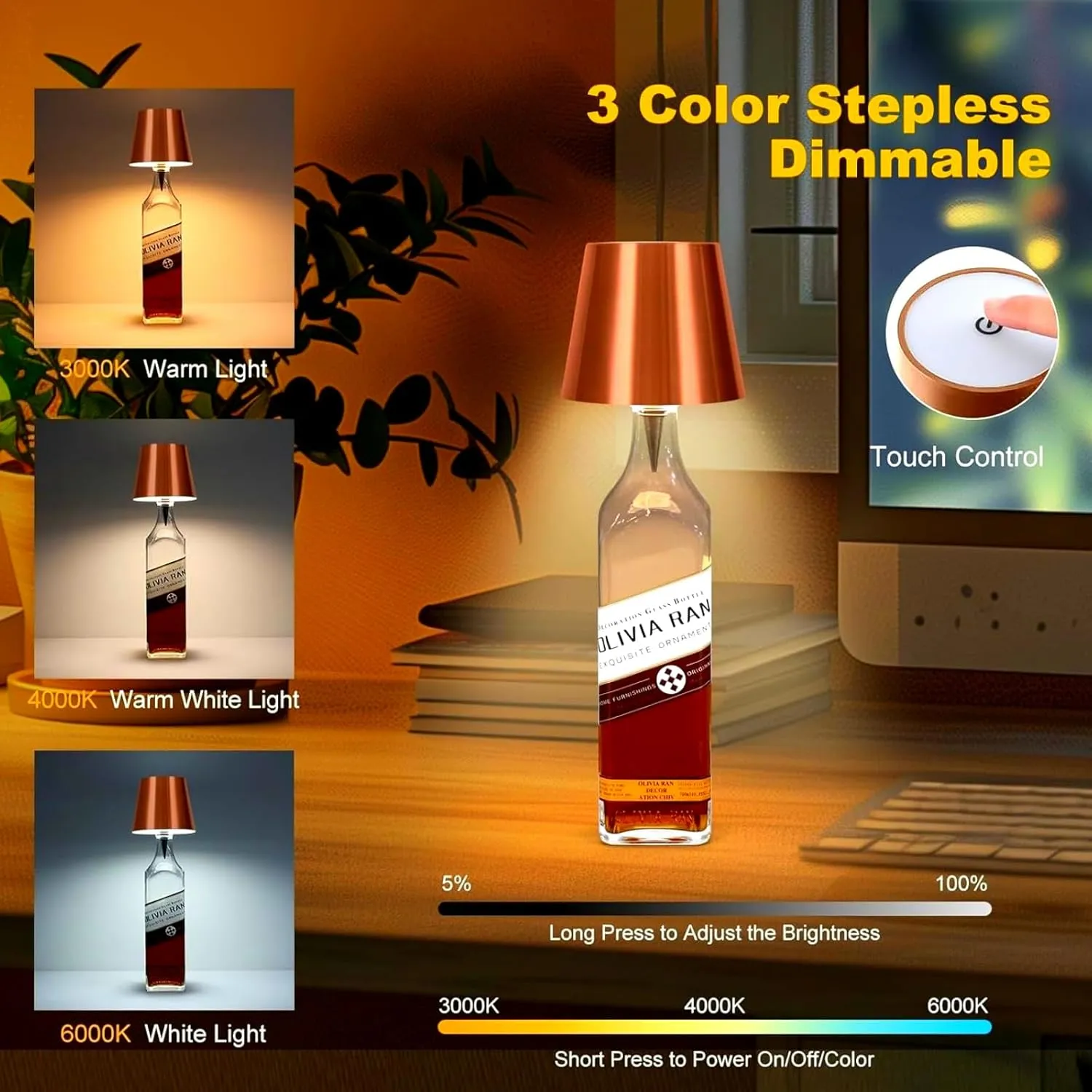 LED Rechargeable Wine Lamp, 3 Color Dimmable Touch Control Table Light for Liquor Bottles, Restaurant, Home, Bar, Office, Christmas (Rose Gold)