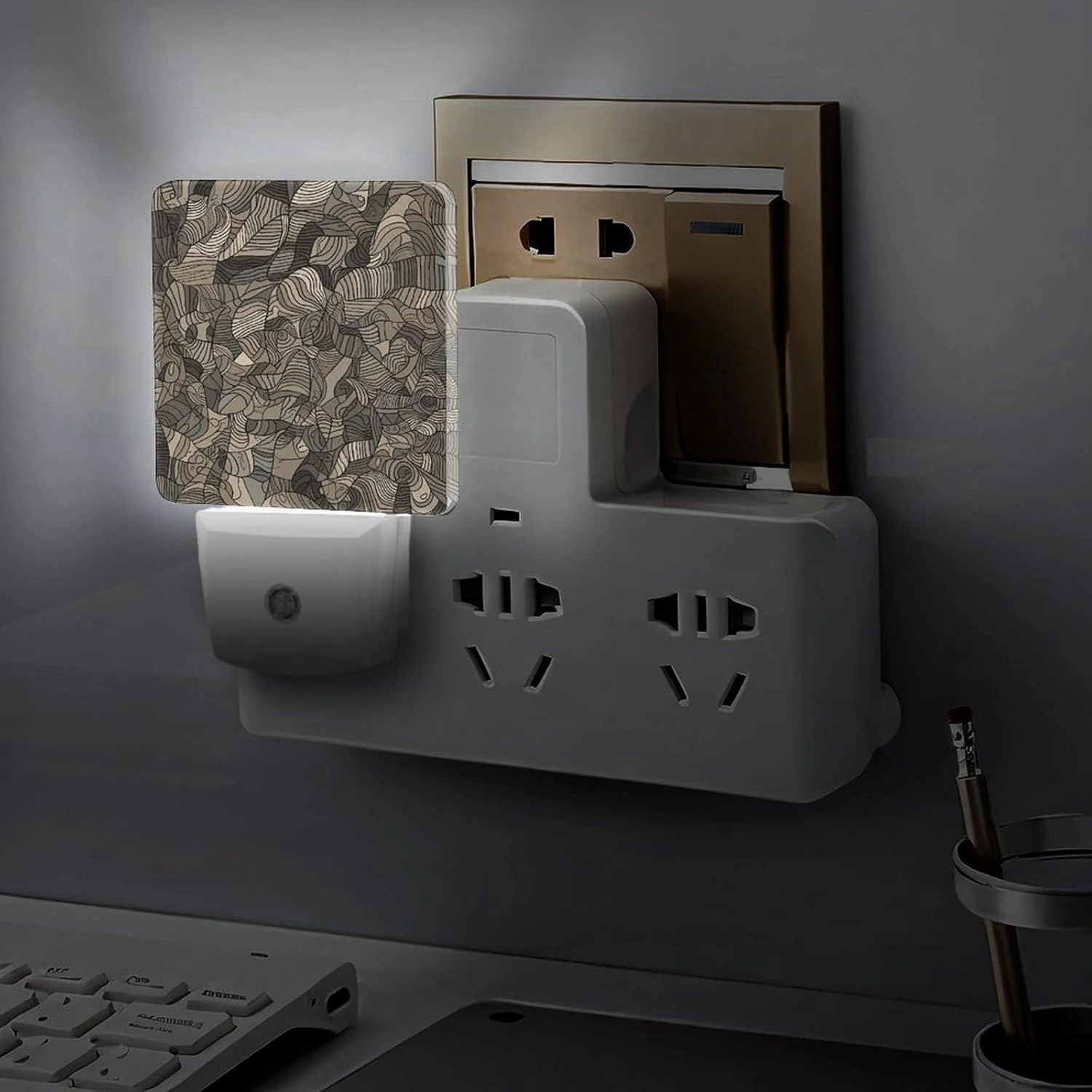 LED Energy Saving Plug in Night LightsBeige Block Pattern Printed with Auto Dusk to Dawn Sensor for Bathroom, Hallway, Bedroom, Living Room