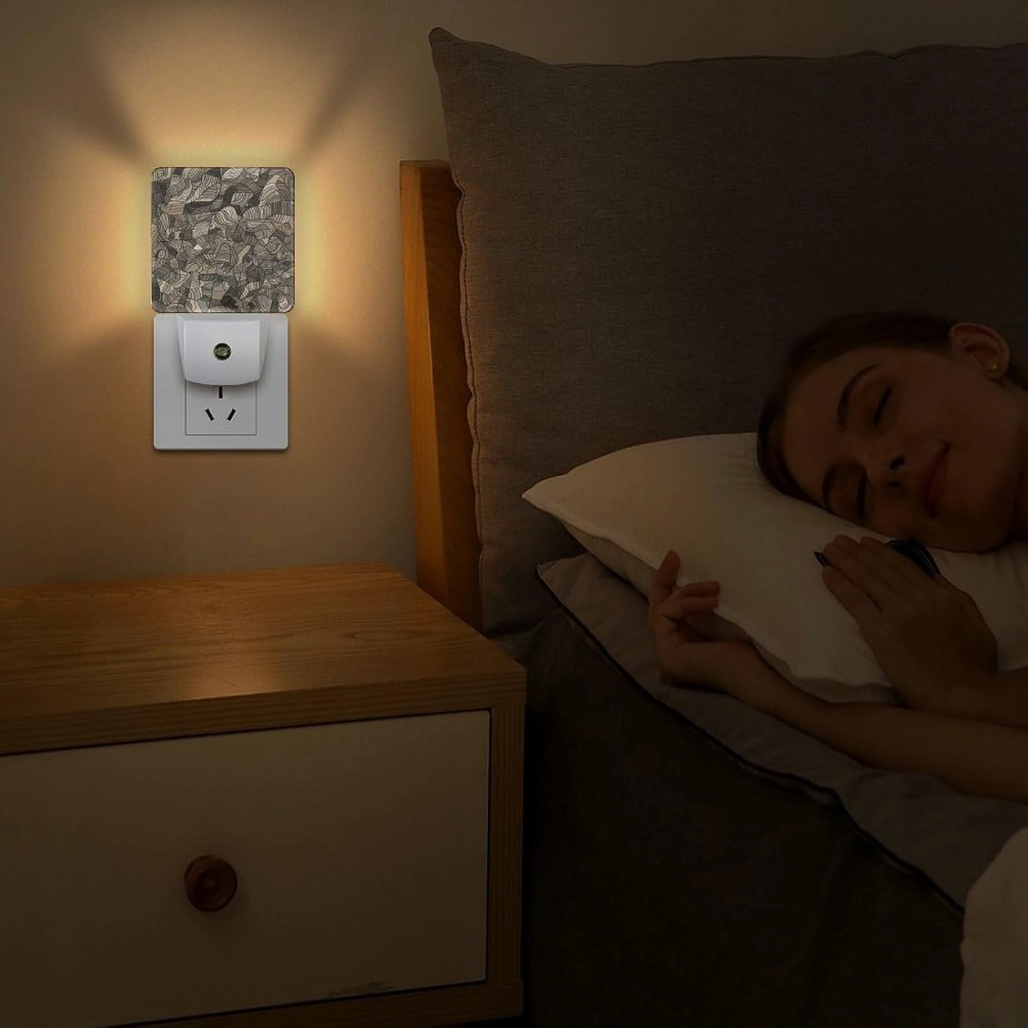 LED Energy Saving Plug in Night LightsBeige Block Pattern Printed with Auto Dusk to Dawn Sensor for Bathroom, Hallway, Bedroom, Living Room