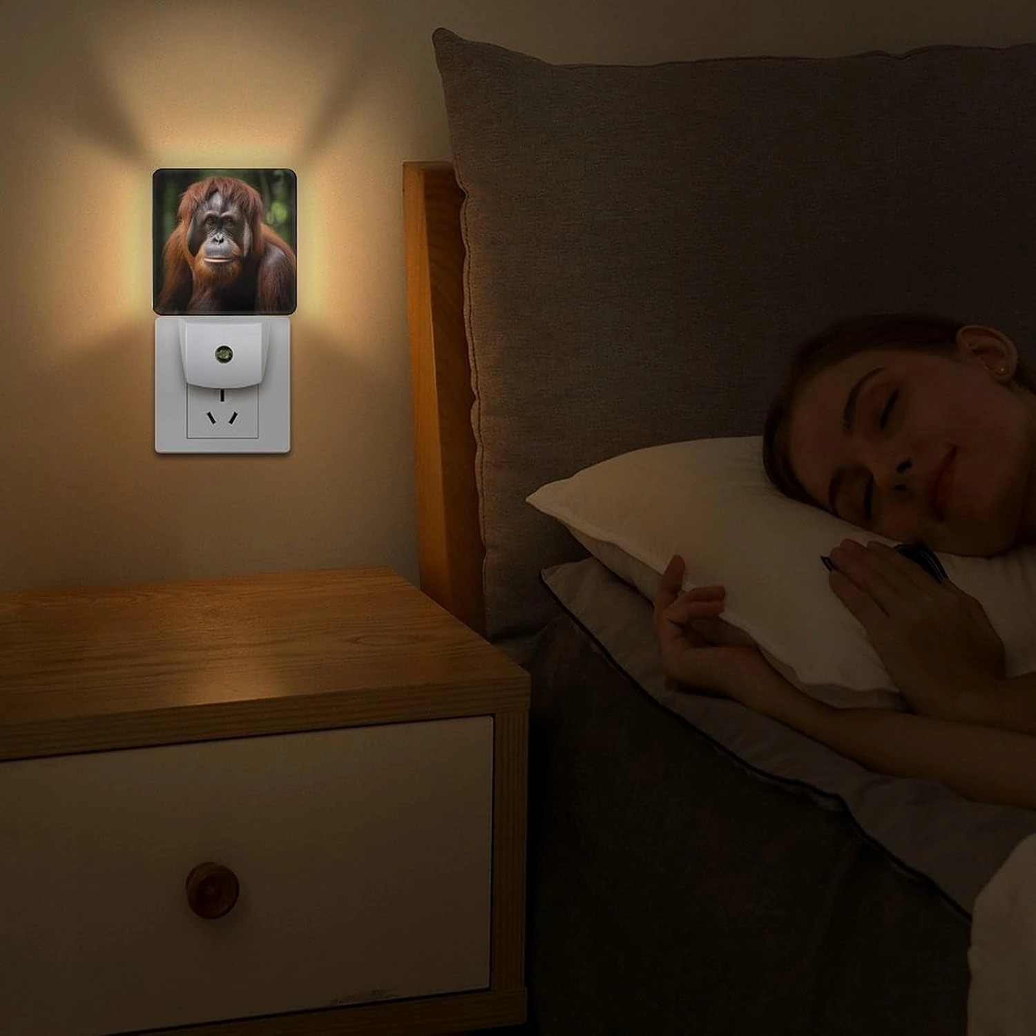 LED Energy Saving Plug in Night LightsOrangutan Taking Photo Printed with Auto Dusk to Dawn Sensor for Bathroom, Hallway, Bedroom, Living Room