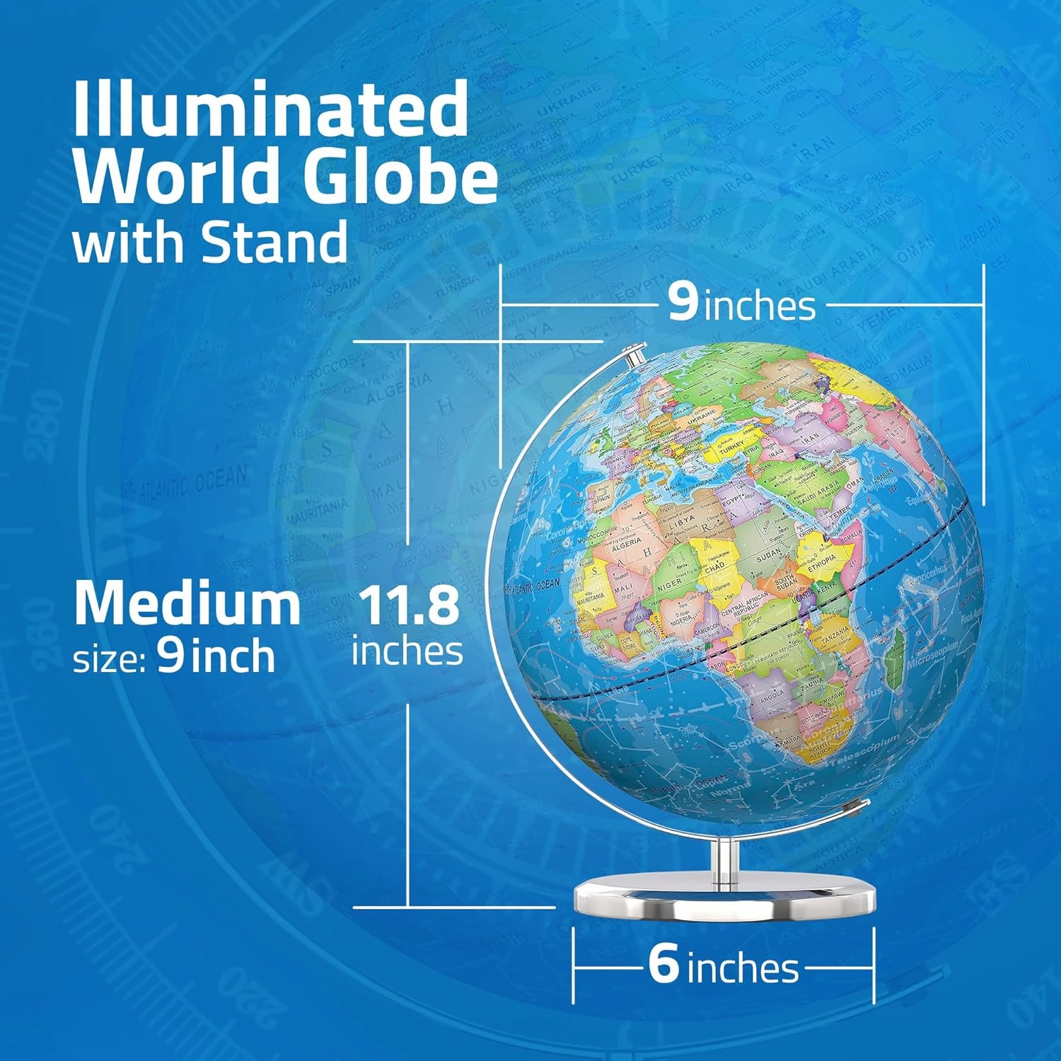 LED Illuminated World Globe with Chrome Rotating Stand – 3-in-1 Educational Tool for Kids & Adults, Interactive Learning Globe with Constellation Map, Lighted Display, 9.5 Inch