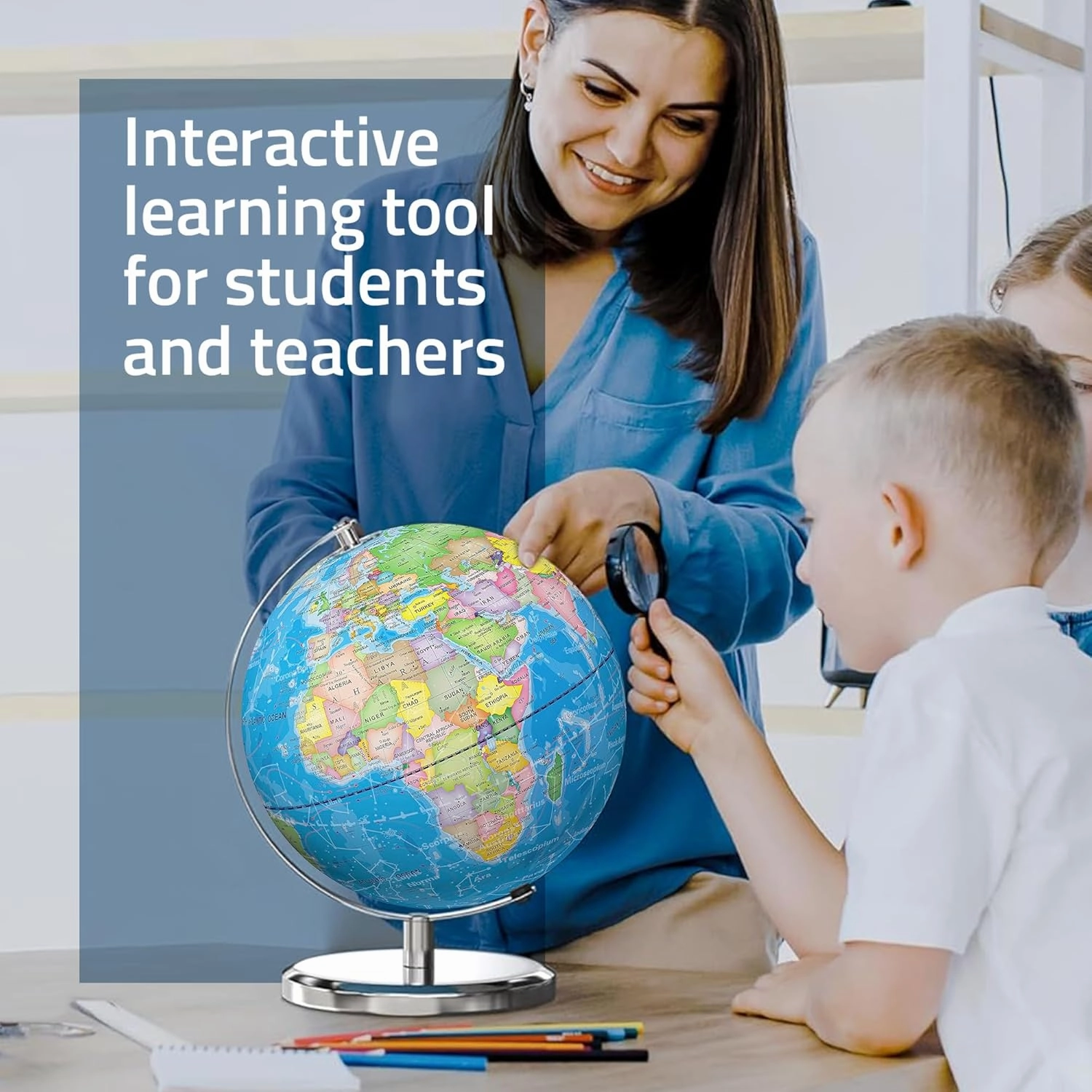 LED Illuminated World Globe with Chrome Rotating Stand – 3-in-1 Educational Tool for Kids & Adults, Interactive Learning Globe with Constellation Map, Lighted Display, 9.5 Inch