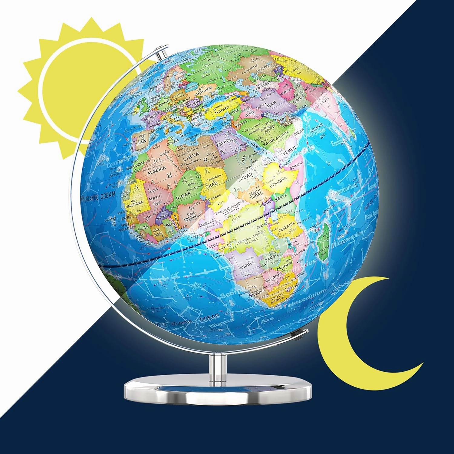 LED Illuminated World Globe with Chrome Rotating Stand – 3-in-1 Educational Tool for Kids & Adults, Interactive Learning Globe with Constellation Map, Lighted Display, 9.5 Inch