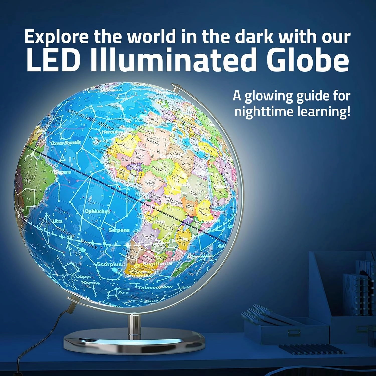 LED Illuminated World Globe with Chrome Rotating Stand – 3-in-1 Educational Tool for Kids & Adults, Interactive Learning Globe with Constellation Map, Lighted Display, 9.5 Inch