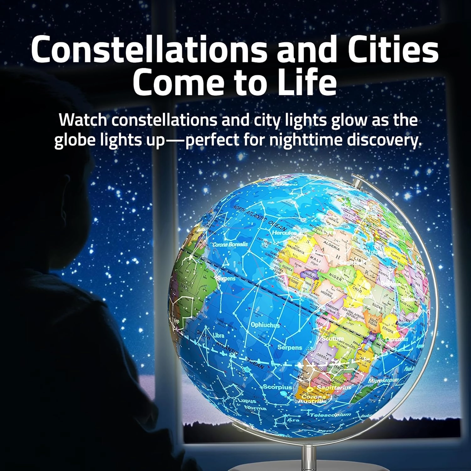 LED Illuminated World Globe with Chrome Rotating Stand – 3-in-1 Educational Tool for Kids & Adults, Interactive Learning Globe with Constellation Map, Lighted Display, 9.5 Inch