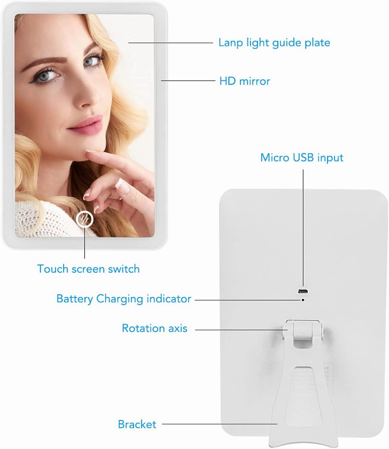 LED Touch Screen Makeup Mirror 180 Degree Rotating Cosmetic Mirror USB Charger Stand for Tabletop Bathroom Bedroom Travel