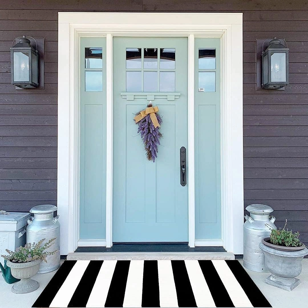 LEEVAN Black and White Striped Door Mat 2'x4' Washable Front Porch Rug Cotton Woven Reversible Rug Farmhouse Black Outdoor Rug Indoor/Outdoor Welcome Door Mat White Entryway Throw Rugs