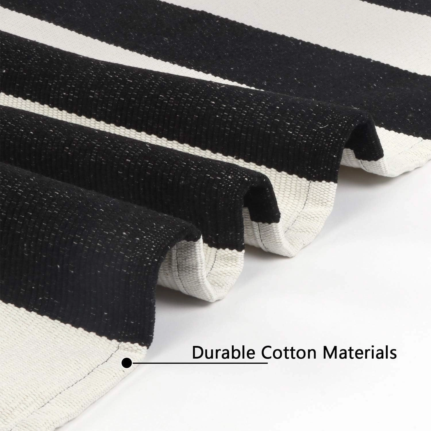 LEEVAN Black and White Striped Door Mat 2'x4' Washable Front Porch Rug Cotton Woven Reversible Rug Farmhouse Black Outdoor Rug Indoor/Outdoor Welcome Door Mat White Entryway Throw Rugs