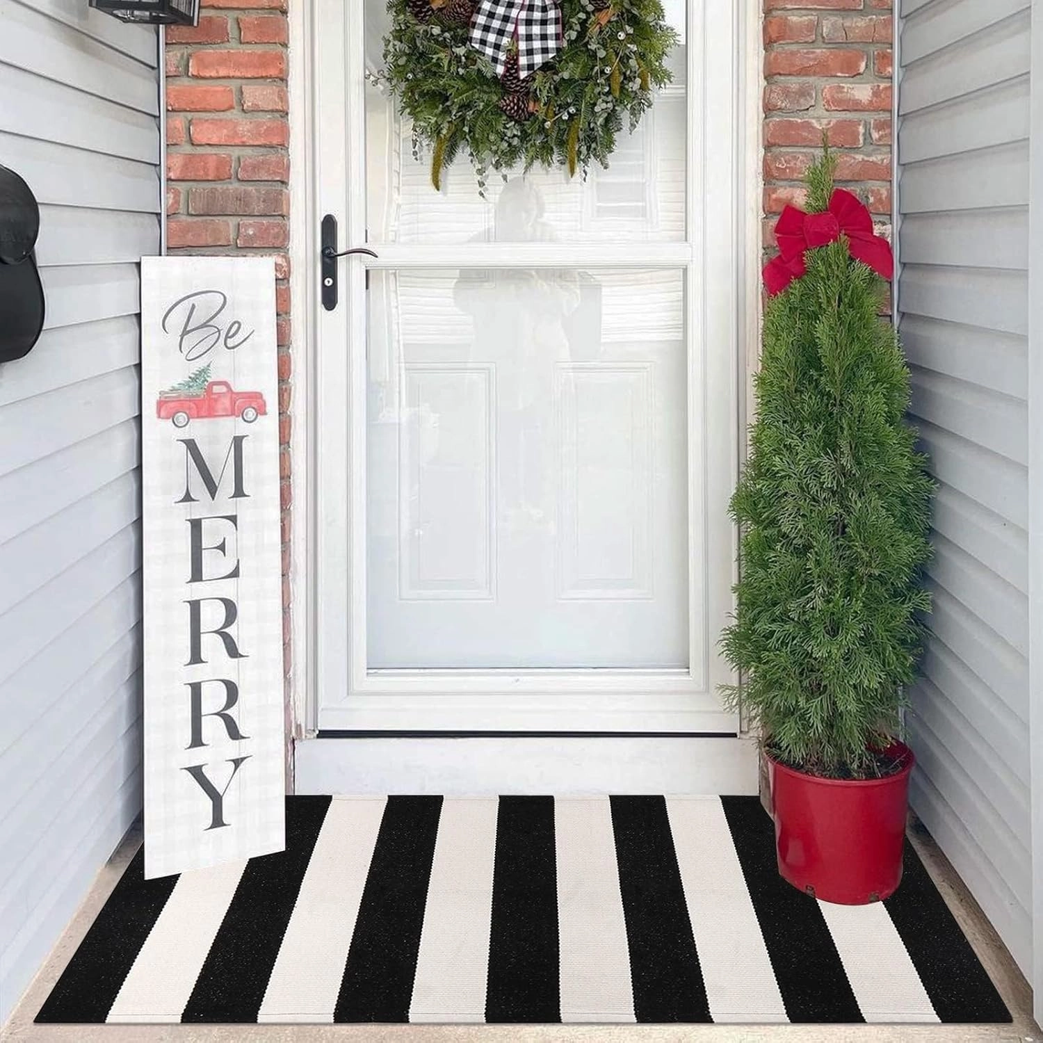 LEEVAN Black and White Striped Door Mat 2'x4' Washable Front Porch Rug Cotton Woven Reversible Rug Farmhouse Black Outdoor Rug Indoor/Outdoor Welcome Door Mat White Entryway Throw Rugs