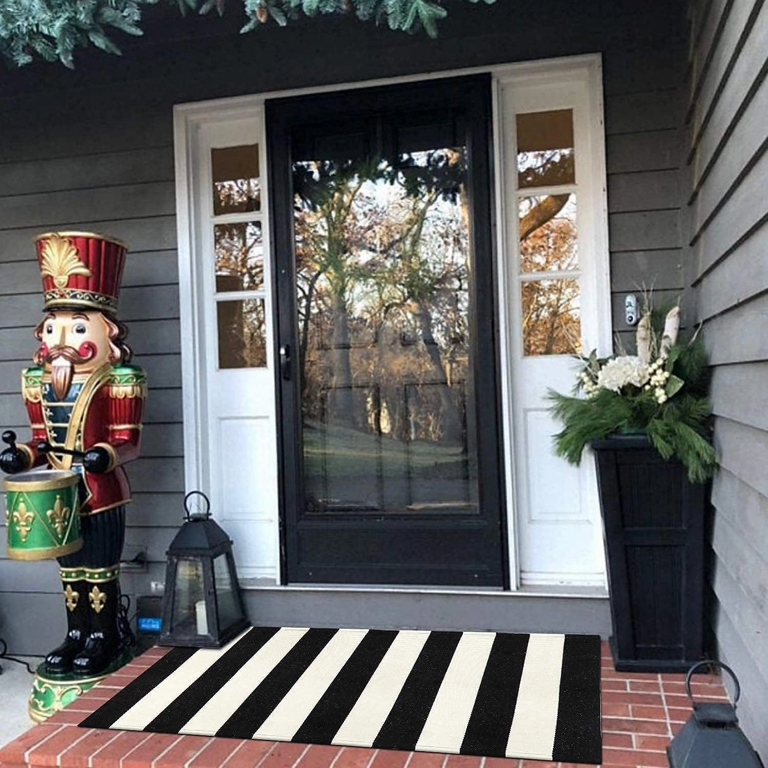 LEEVAN Black and White Striped Door Mat 2'x4' Washable Front Porch Rug Cotton Woven Reversible Rug Farmhouse Black Outdoor Rug Indoor/Outdoor Welcome Door Mat White Entryway Throw Rugs