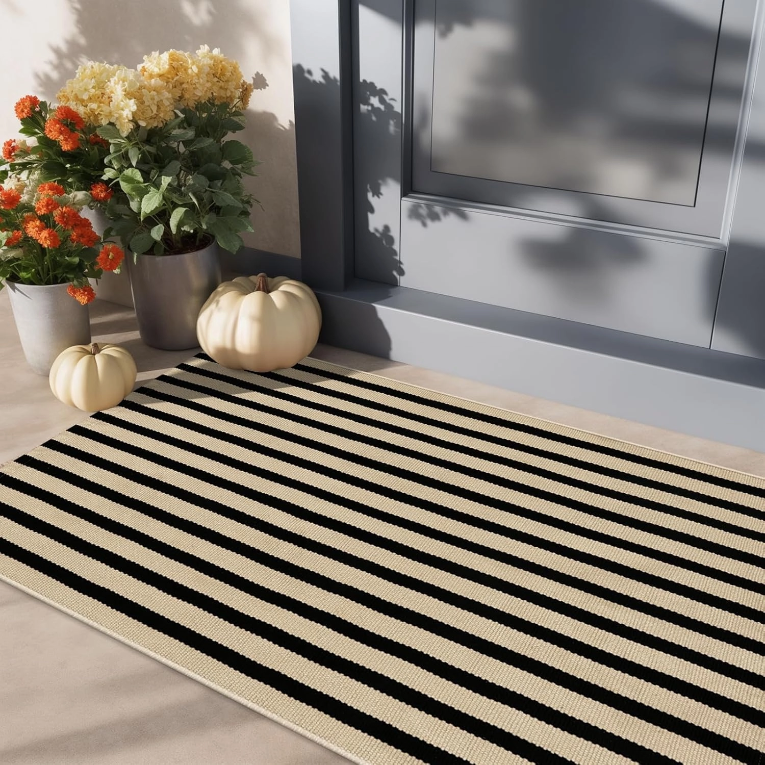 LEEVAN Door Mat Outside Entrance Washable Welcome Mat Black and White Outdoor Rug Farmhouse Front Porch Mats Outside Striped Layered Front Doormat for Porch/Entryway