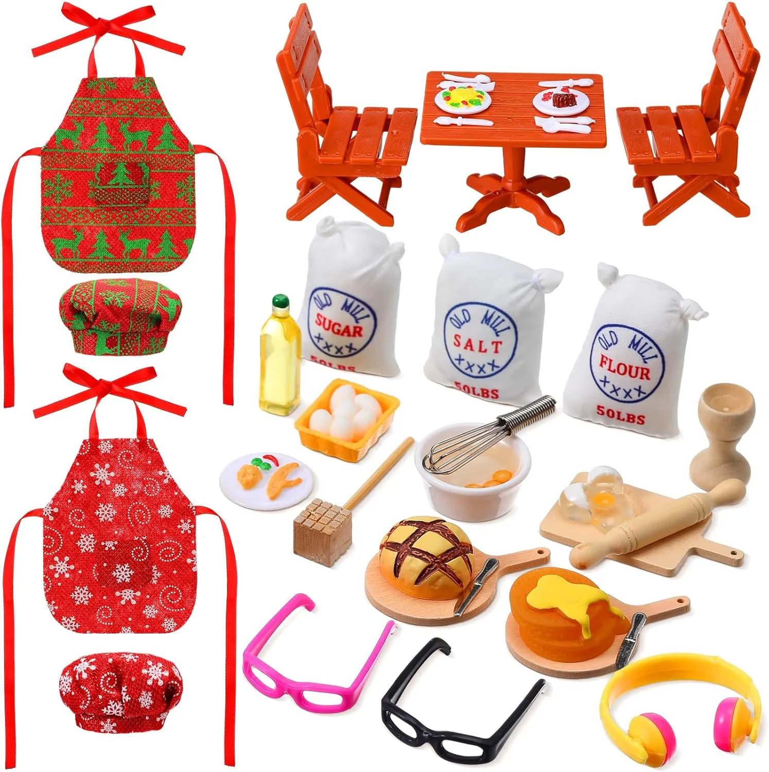 Leitee 39 Pcs Christmas Accessories Mini Doll Baker Outfit Set Cooking Accessories Include Doll Clothes Mini Baking Props for Dollhouse Decorations Kids Girls Boys Xmas Gift