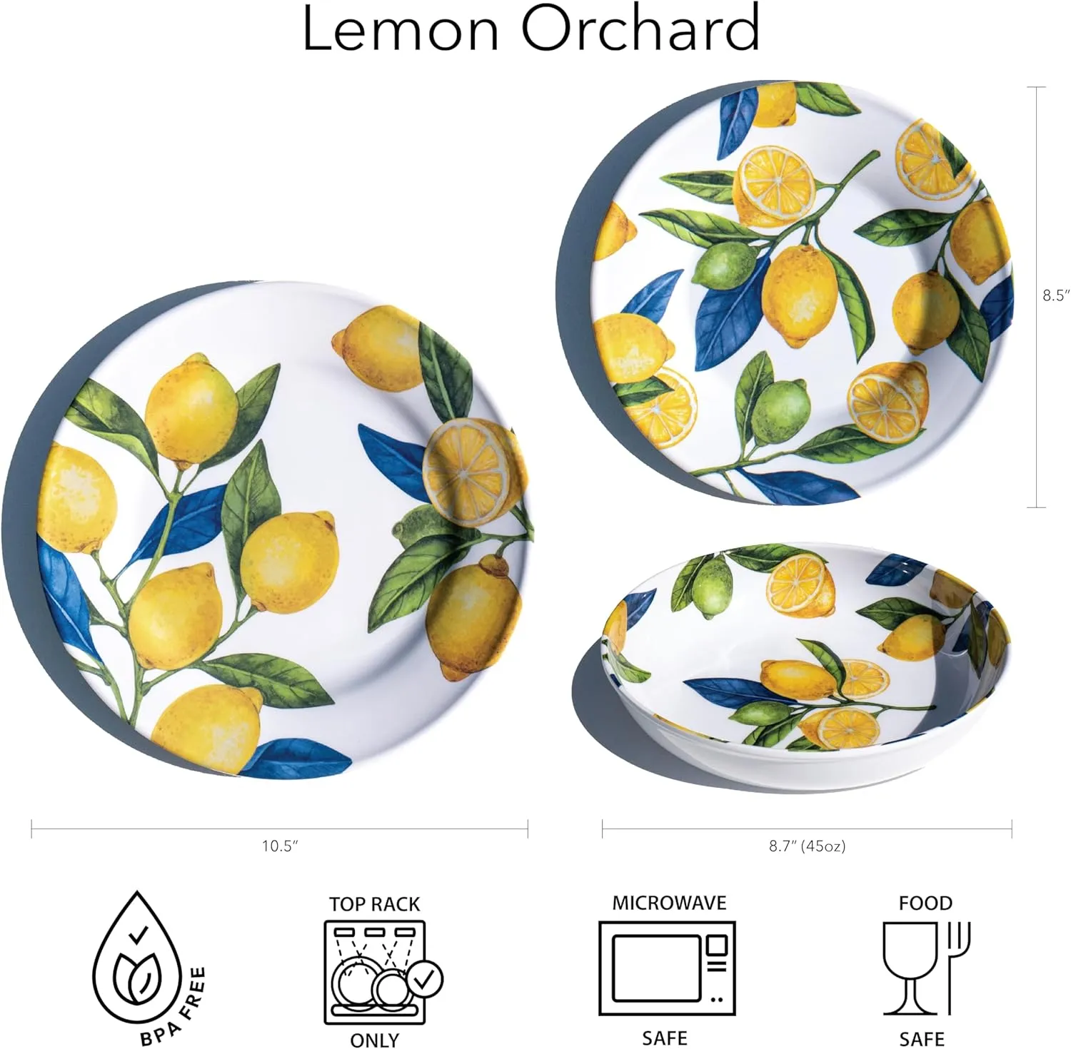 Lemon Orchard newWave Microwave Safe Premium Melamine Dinner Plate, Set of 6, 10.5"