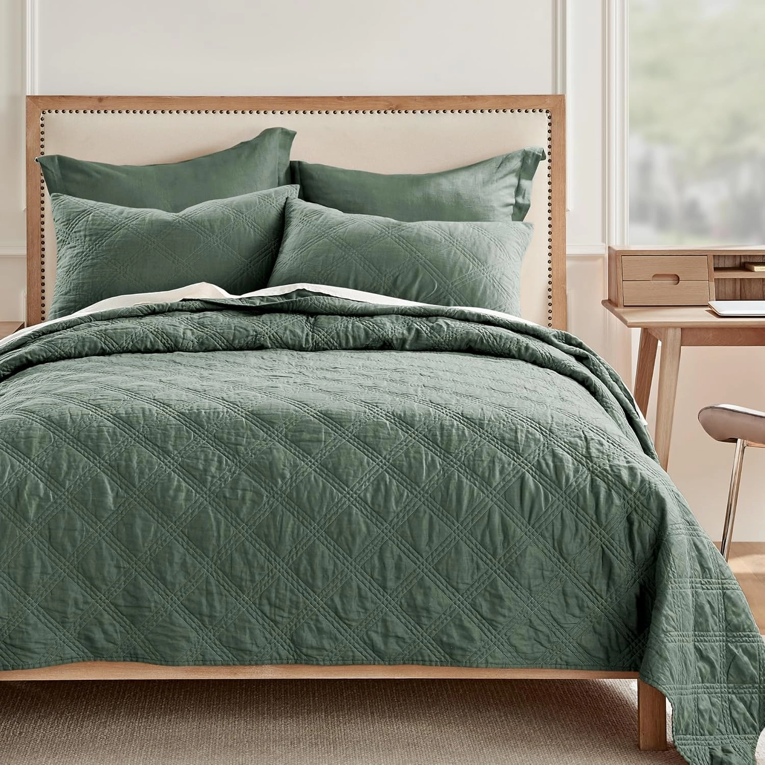 Levtex Home - 100% Linen Front/100% Cotton Back - Standard Quilted Sham - Washed Linen - Green Forest - Sham Size (26 x 20in.)