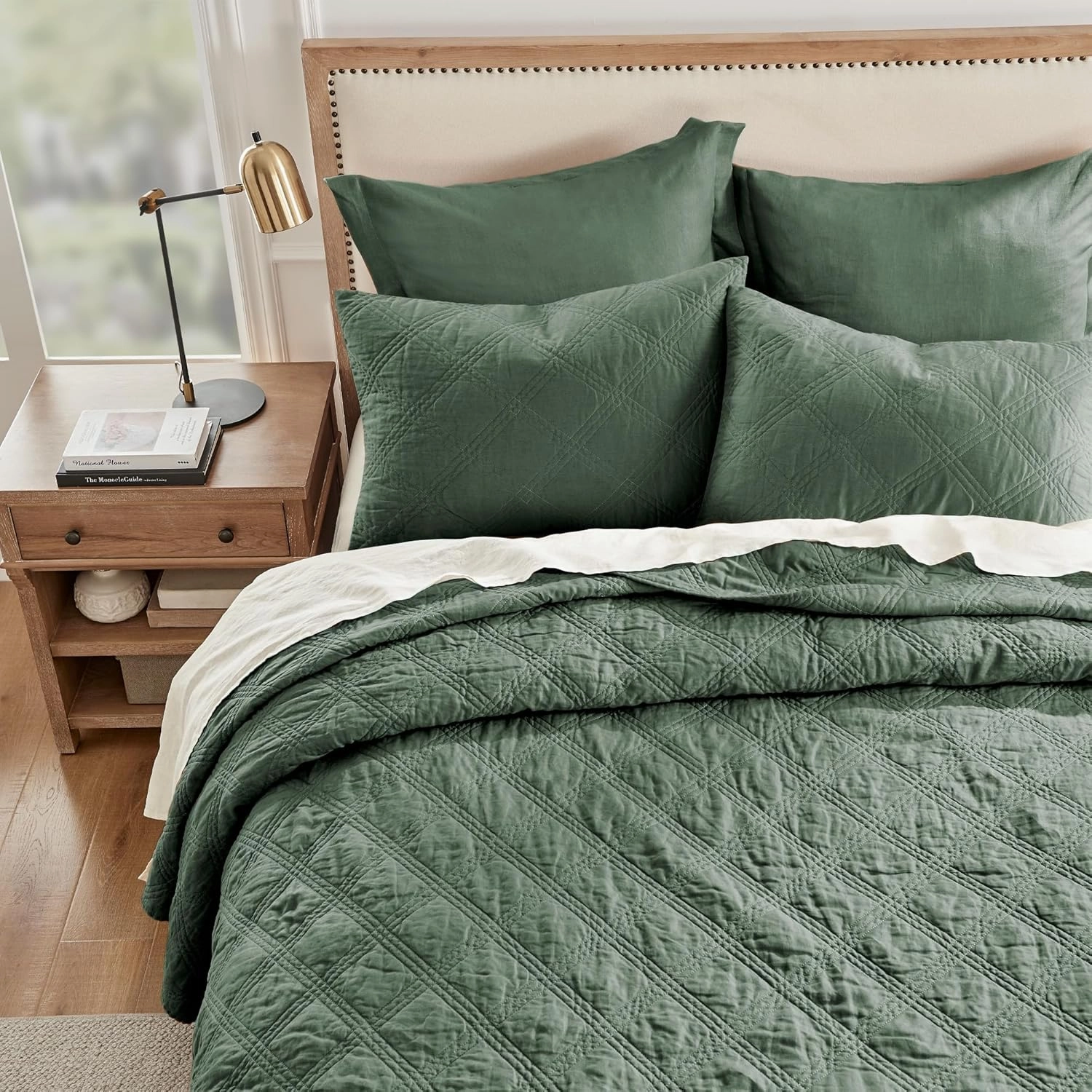 Levtex Home - 100% Linen Front/100% Cotton Back - Standard Quilted Sham - Washed Linen - Green Forest - Sham Size (26 x 20in.)