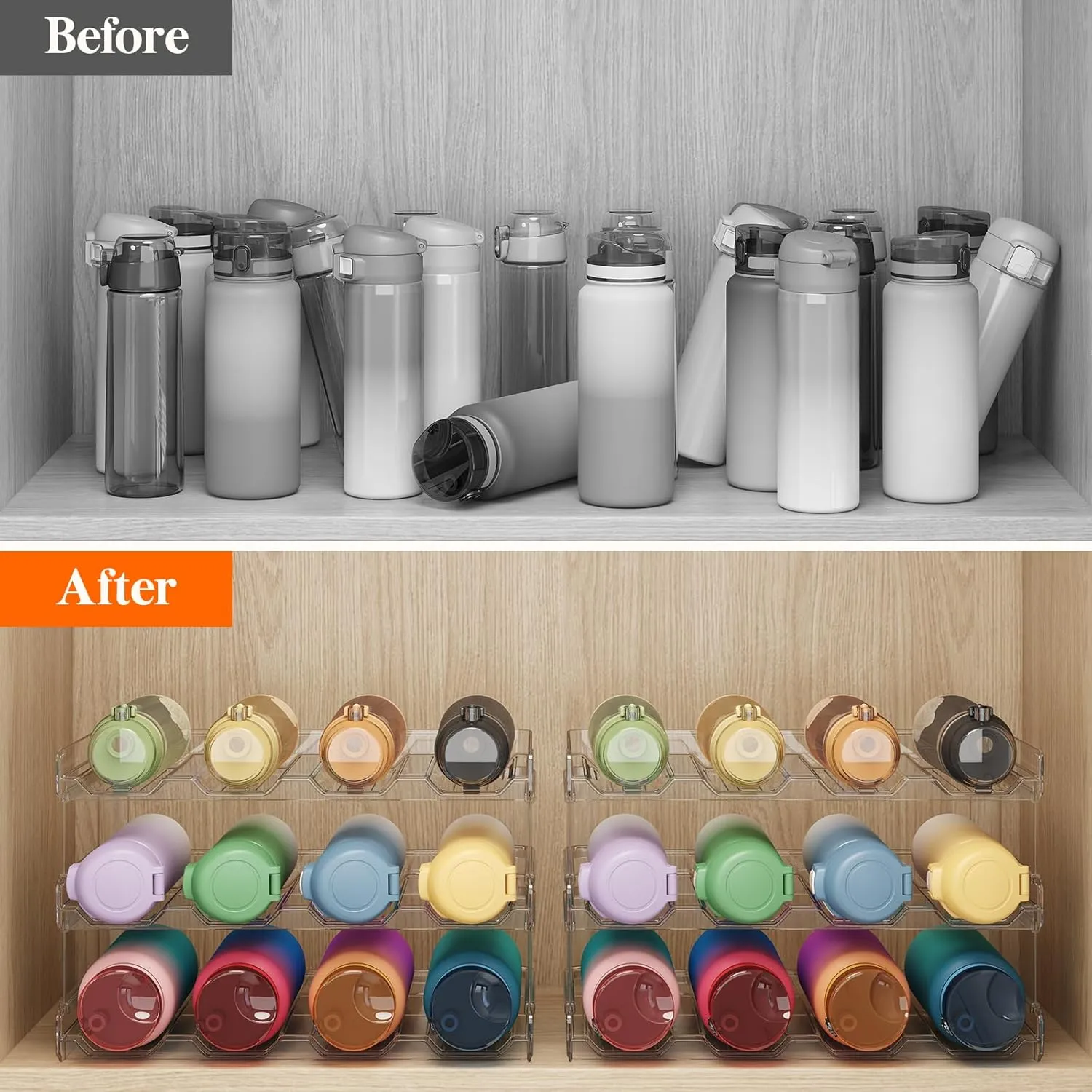 Lifewit Stackable Water Bottle Organizer for Cabinet, Water Bottle Holder, Kitchen Pantry Organization and Storage, Plastic Fridge Wine Racks, Tumbler Travel Mug Cup Holder, 6Pack, Hold 24 Bottles