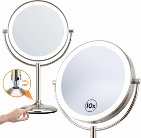 Lighted Makeup Mirror with Magnification: 1X/10X Magnifying Vanity Mirror with 3 Color Dimmable Light, 9" Large Rechargeable Standing Desk Mirror, Base Touch & Base Charging Port, Touch Sensor, Nickel